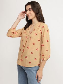 Pink Fort - Cotton Floral V-Neck Beige Top