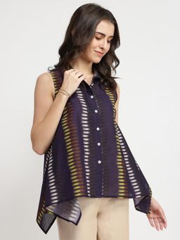 Pink Fort - Cotton Printed Asymmetrical Purple Shirt