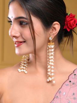 Silvermerc Designs - Stylish Gold-Plated Brass and Pearl Long Drop Earrings For Women
