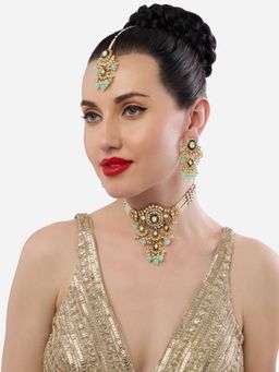 Zaveri Pearls - Green Meenakari Choker Necklace Earrings Maangtikka Set