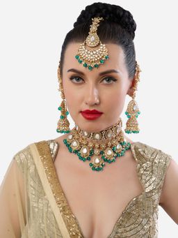Zaveri Pearls - Peacock Green Beads Choker Necklace Earrings and Maangtikka Set
