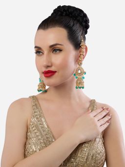 Zaveri Pearls - Peacock Green Beads Kundan Jhumka Earrings with Ear Chain