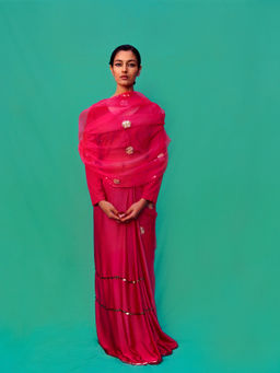 Jadon - Pink Manomaya Saree without Blouse