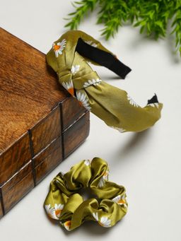 Yellow Chimes - Girls Green and White Printed Hairband with Scrunchie