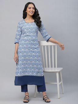 Aurelia - White Straight Indigo Floral Print Kurta