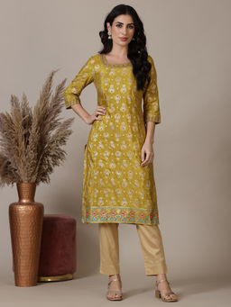 Aurelia - Yellow Foil Printed Straight Zari Embroidery Kurta