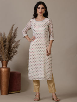 Aurelia - Off White Foil Printed Chiffon Fabric Kurta