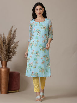 Aurelia - Sky Blue Floral Printed Chiffon Kurta
