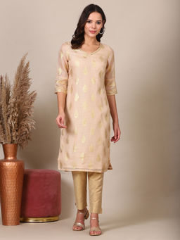 Aurelia - Beige Foil Printed Straight Kota Embellished Kurta
