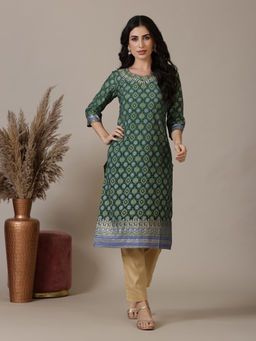 Aurelia - Green Printed Straight Embroidered Neck Kurta