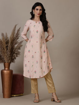 Aurelia - Peach Foil Floral Printed A-Line Rayon Kurta
