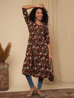 Globus - Women Brown V-Neck All-over Floral & Paisley Printed Front Slit Pleated A-Line Fusion Kurta