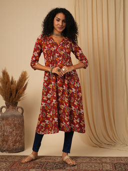Globus - Women Maroon V-Neck All-over Floral & Paisley Printed Front Slit Pleated A-Line Fusion Kurta