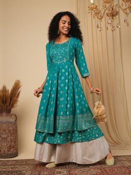 Globus - Blue Embroidered Yoke Gold Foil Jaal Print Festive Anarkali Kurta