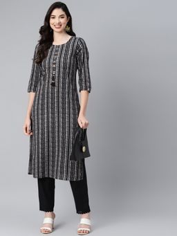 PIROH - Women's Cotton Stripe Print Straight Kurta (Black)