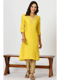 W - Yellow Heavy Embroidered Kurta