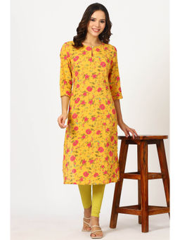 W - Yellow Floral Printed Pure Cotton Kurta