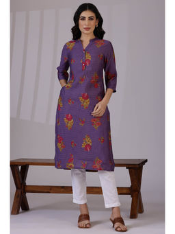 W - Purple Floral Printed Mandarin Collar Kurta
