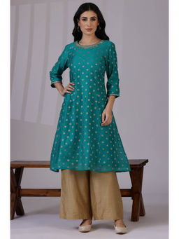 W - Teal Yarn-Dyed Chanderi with Embroidered Kurta