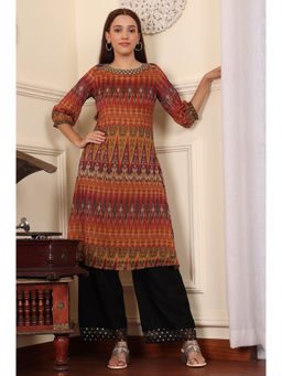 W - Multi-Colour Ikat Printed Layered Kurta with Embellished Neck