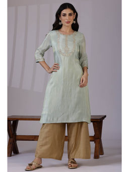 W - Mint Blue Embroidered Tissue Kurta
