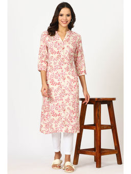 W - Off-White Floral Printed Rayon Kurta