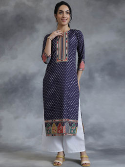 Libas - Navy Blue Crepe Paisley Printed Straight Kurta