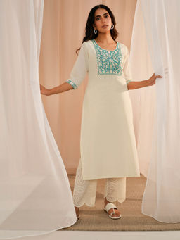 Libas - Off White Embroidered Floral Yoke Design Straight Kurta