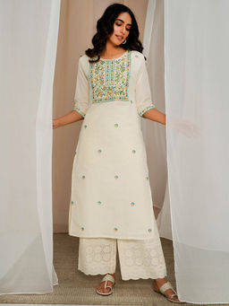 Libas - Off White Embroidered Floral Yoke Design Straight Kurta