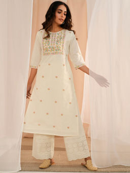 Libas - Off White Embroidered Floral Yoke Design Straight Kurta