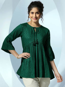 Libas - Green Viscose Rayon Woven Design A-Line Kurti