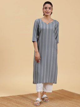 Libas - Grey Woven Design Straight Viscose Rayon Kurta