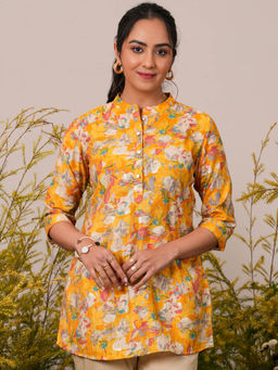 Libas - Yellow Floral Printed Silk Blend A-Line Kurti