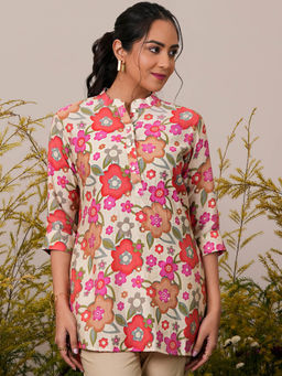 Libas - Cream Floral Printed Silk Blend A-Line Kurti