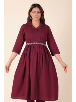 ARAMYA - Linen Cotton A-Line Solid Kurta with Belt (Set of 2)