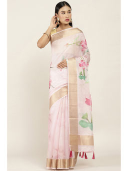 Soch - Pink Organza Printed Saree with Unstitched