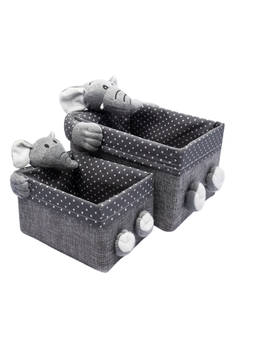 Voncasa - Rectangular Elephant Design Grey Fabric Toy Basket (Pack Of 2)