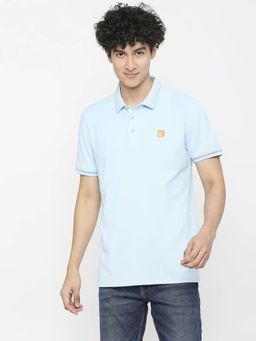 Spykar - Men Powder Blue Cotton Slim Fit Polo Neck Plain T-Shirt