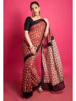 Unnati Silks - Red Pure Bagru Mulmul Cotton Saree with Unstitched Blouse