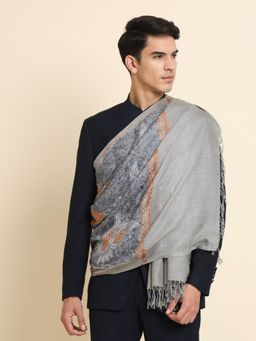 Zamour - Men Grey Silk Embroidery Fine Wool Stole