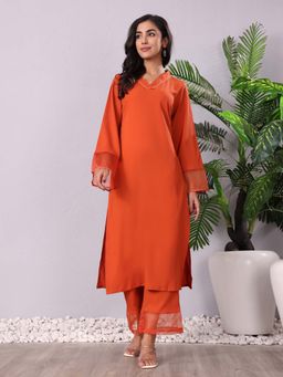 Varanga - Women's Rust Solid Straight Fit Kurta with Pant (Set of 2)