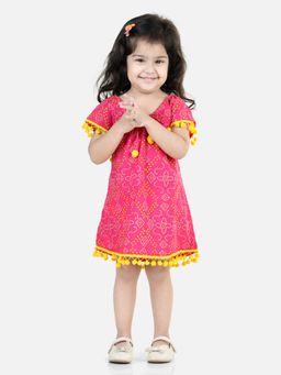 BownBee - Cotton Printed with Pompom Jhabla Frock for Girls-Pink