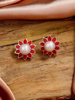 Estele - Rhodium Plated Stunning Pearl Stud Earrings with Red Enamel for Women