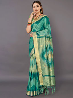 Akhilam - Women Cotton Silk Teal Blue Woven Design Handloom Saree with Unstitched Blouse Piece