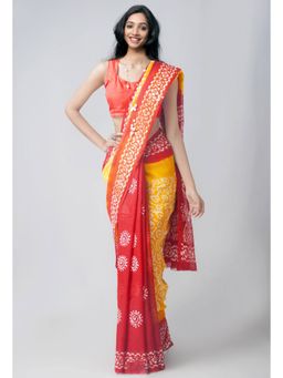 Unnati Silks - Yellow Red Pure Batik Kota Cotton Saree with Unstitched Blouse