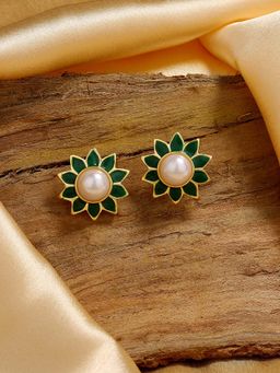 Estele - Gold Tone Flower Shaped Pearl Stud Earrings with Green Enamel for Women