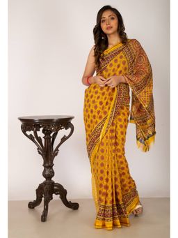 Unnati Silks - Yellow Pure Ajrakh Mulmul Cotton Saree with Unstitched Blouse