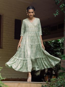 W - Green Gold Printed Mock Angrakha Dress