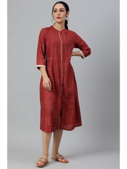 W - Red Full Placket Shirt-dress In Rayon Fabric
