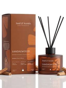 Soul & Scents - Sandalwood Reed Diffuser Set - 220ml Scented Oil with 6 Fiber Sticks